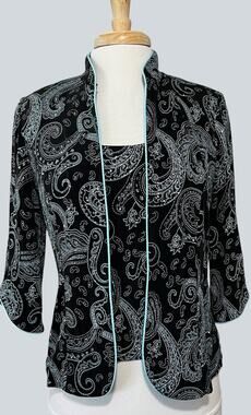 Alex Evenings Women's Small Petite Twin Set Tank Top Cardigan Black Aqua Sparkle